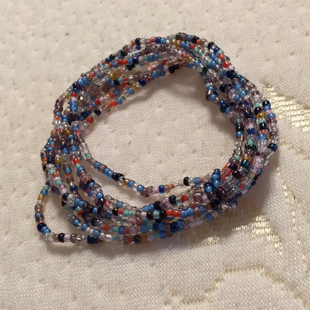 Multiple Strand Bracelet, HANDMADE, Blue,clear,reds,silver, clasped FUN TO WEAR!